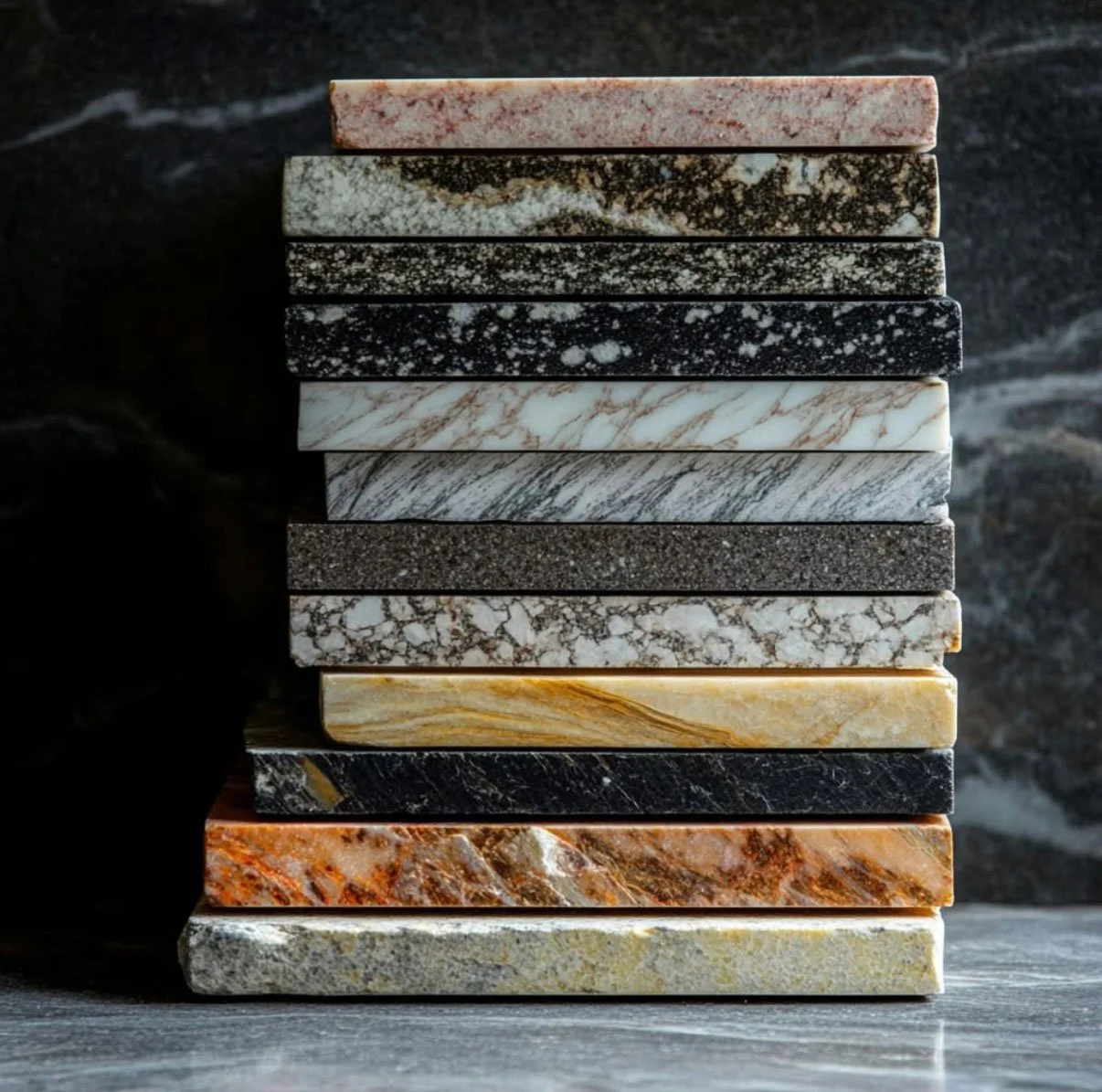 Une pile de différentes pierres ou Marbres avec des motifs variés, sur une surface en bois.