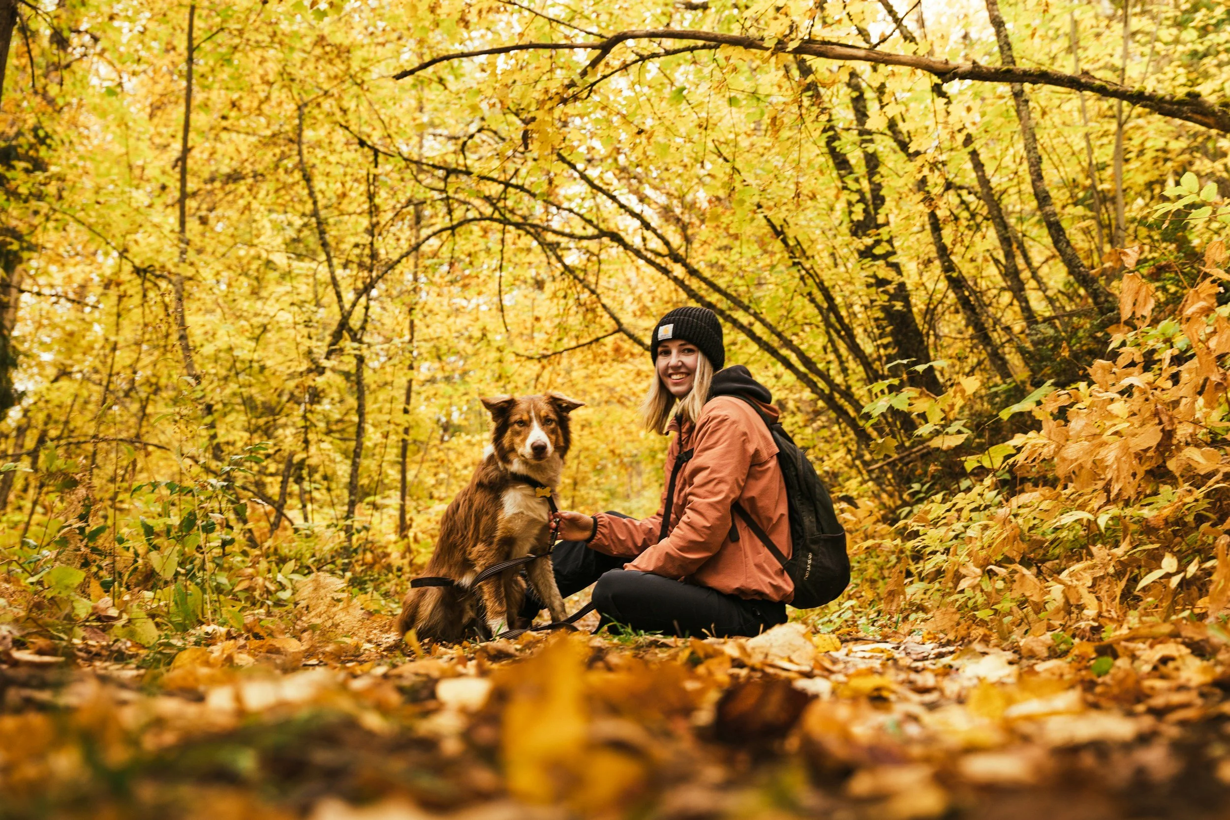 A woman sitting on a pathway in a forest with her dog on a leash surrounded by Fall leaves