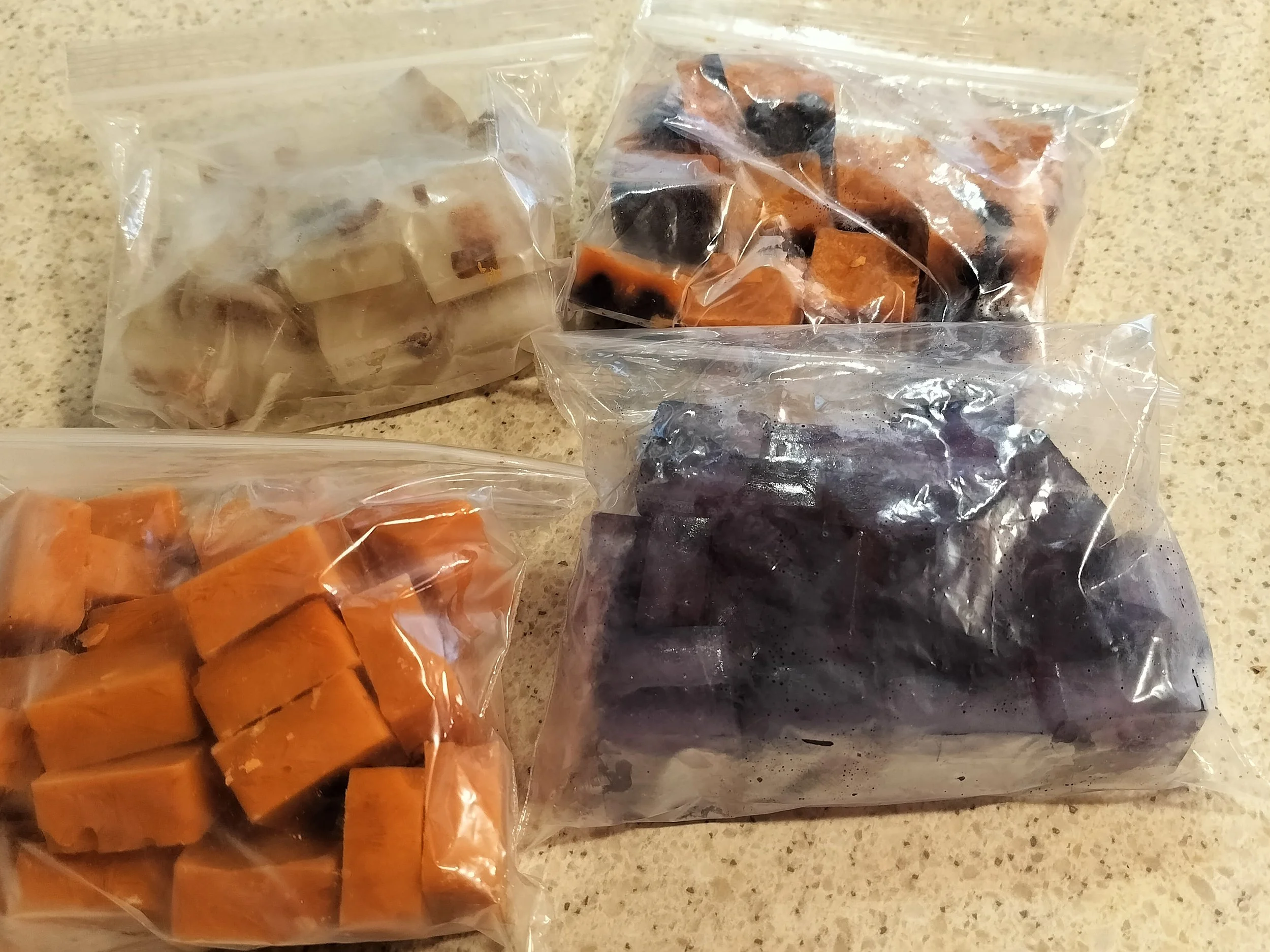 Sandwich bags filled with different types of frozen pet treats