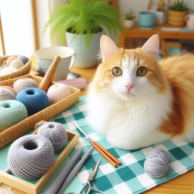 orange and white cat sitting by a collection of yarns