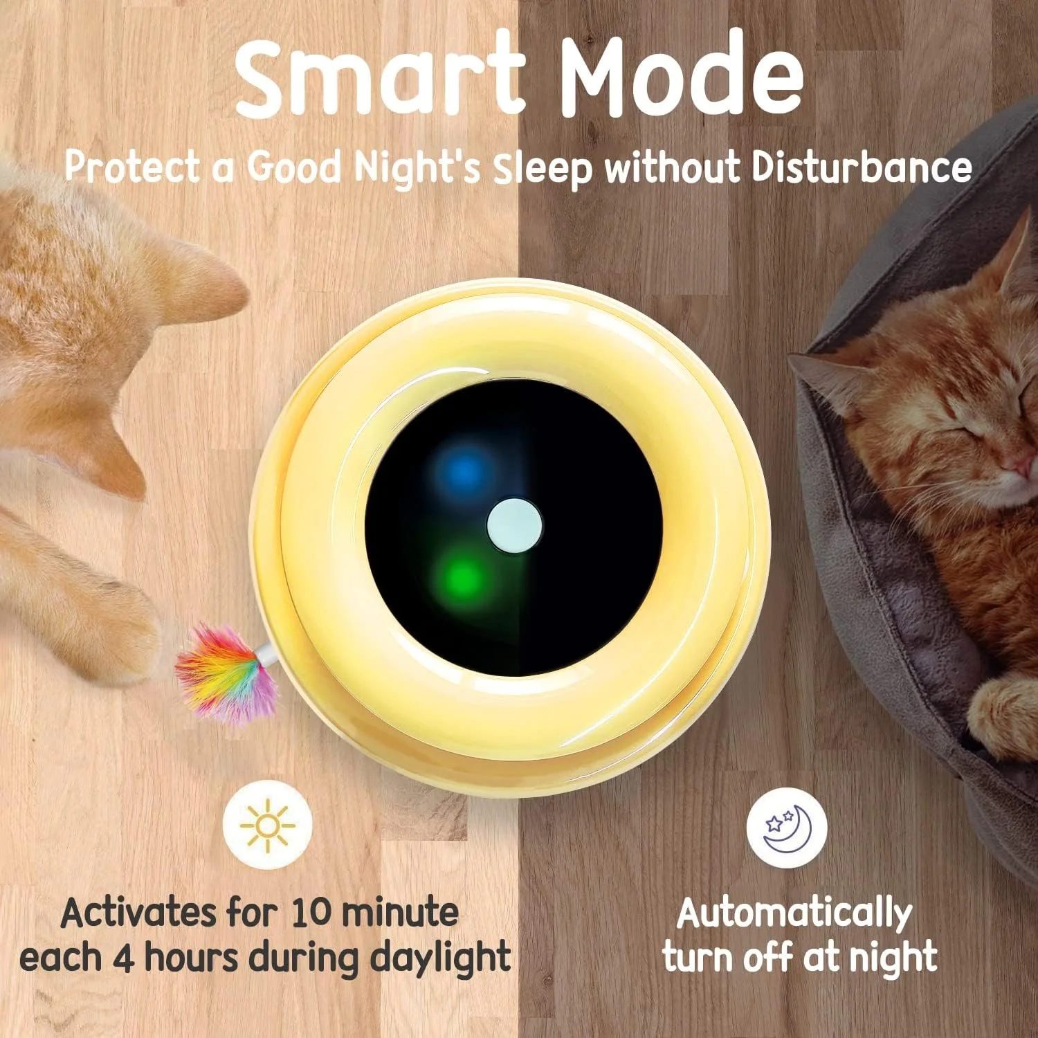 Interactive cat toy picture showing smart mode to turn off toy at night for sleeping