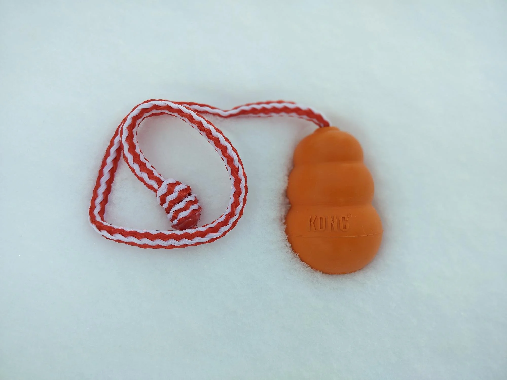 a dog toy with an orange rubber body and attached red and white rope lying in the snow