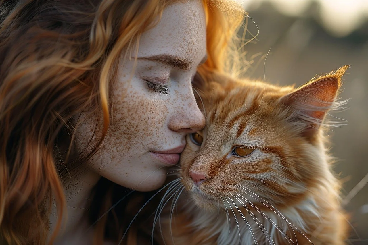 lady with red hair snuggling her face up to an orange cat