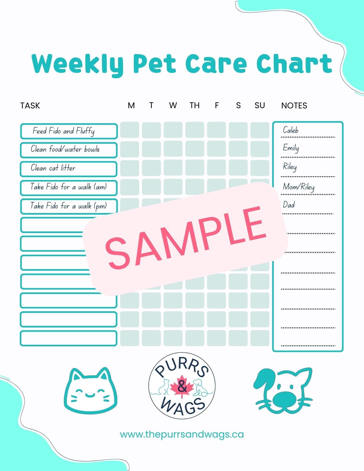 A pet care chart with tasks listed for weekly maintenance, including feeding Fido and Fluffy, cleaning food and water bowls, cleaning cat litter, and taking Fido for walks in the morning and evening. The chart has days of the week and a notes section on the right.