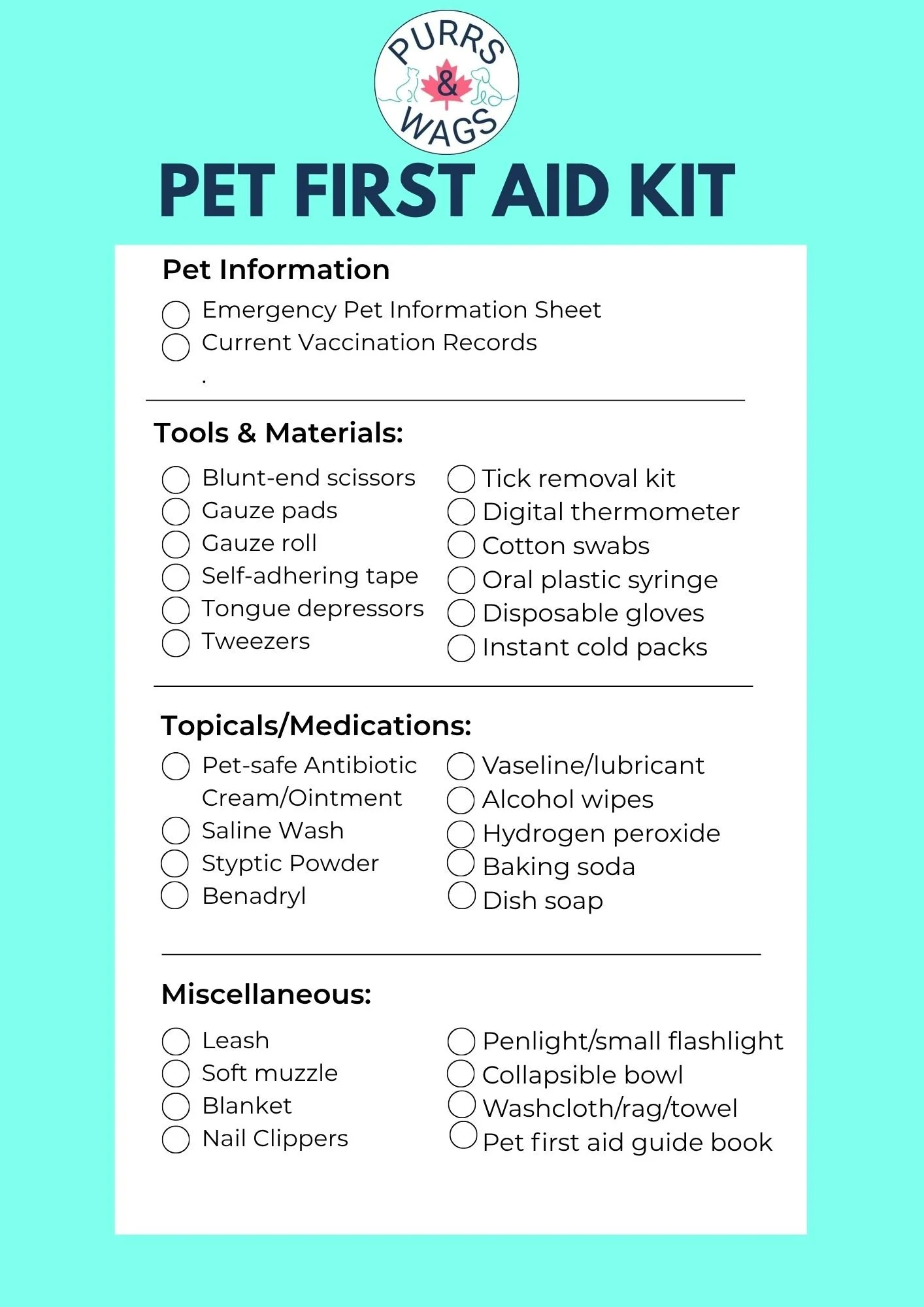 A full checklist of the contents of a complete first aid kit for pets