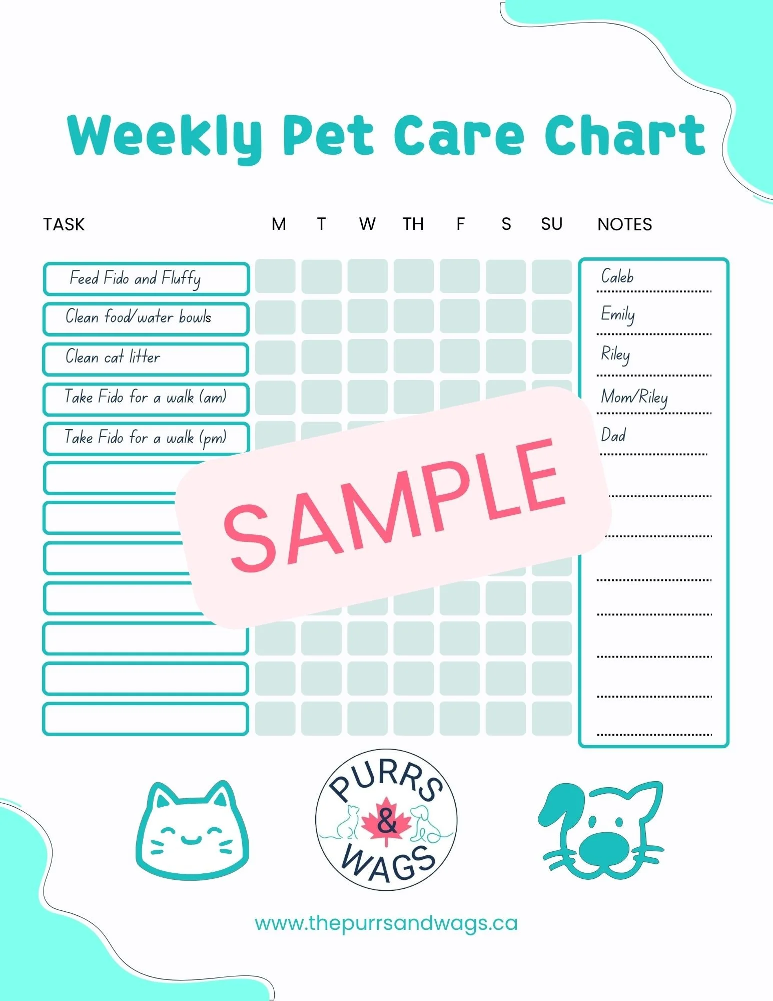 A sample of the Purrs and Wags weekly pet care chart to provide a checklist for pet care for the whole family