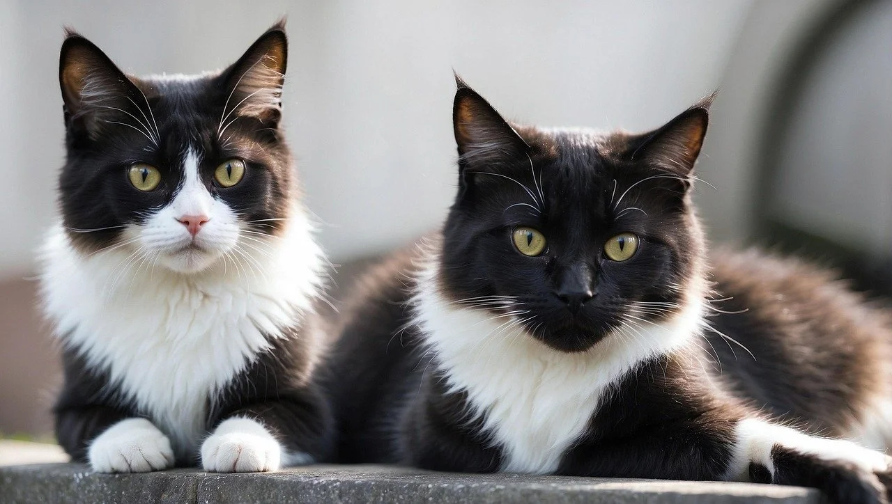 Two black and white cats laying together
