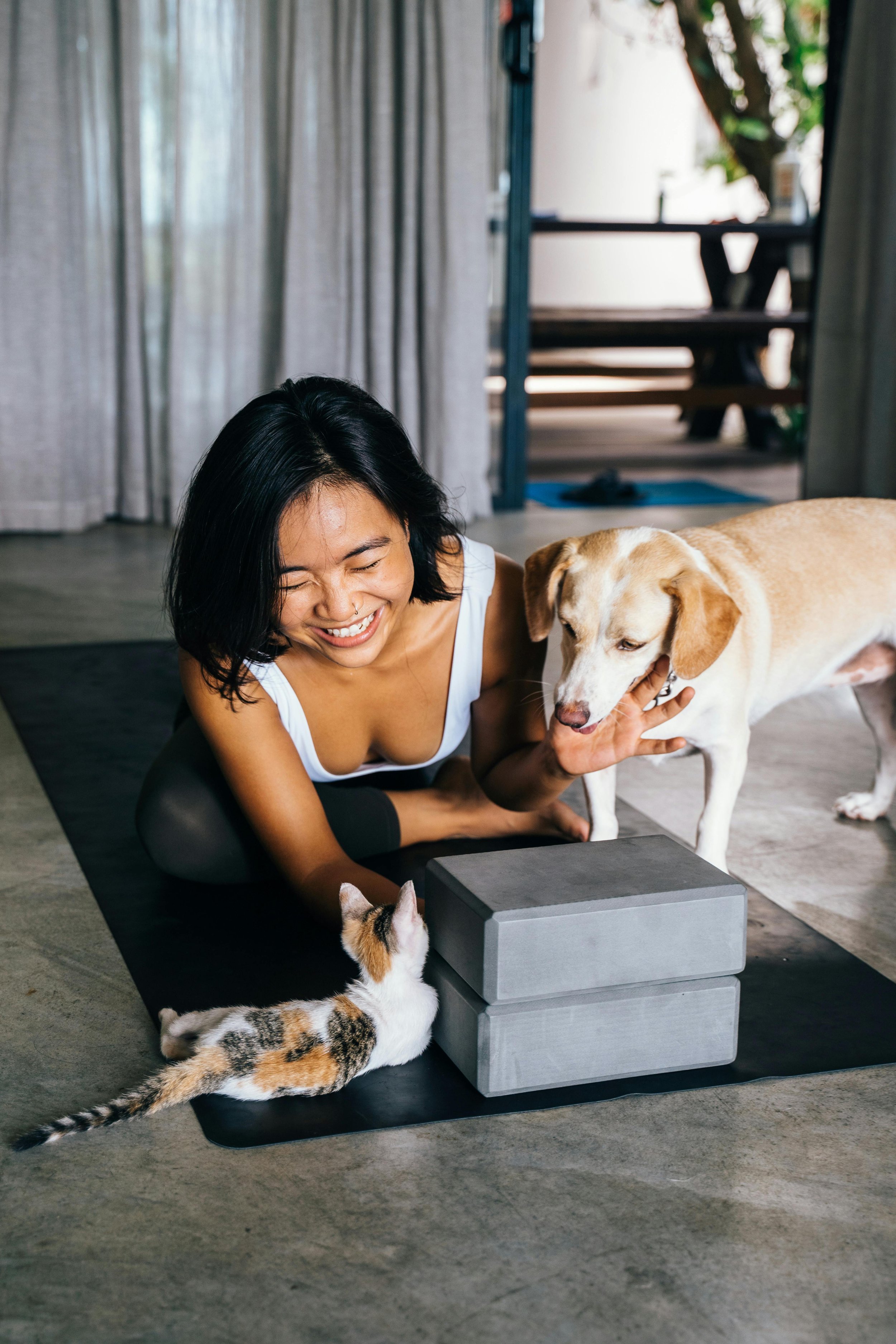 woman sitting on yoga mat with kitten and dog