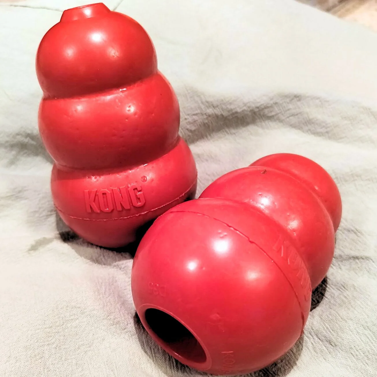 two red rubber chew toys known for durability