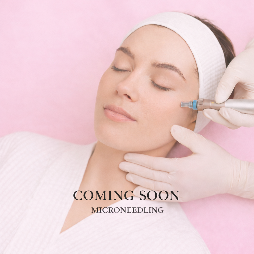 A woman with closed eyes and a headband receiving a cosmetic treatment with a small device held by gloved hand, against a pink background, with text advertising upcoming skin treatments and weight management services.