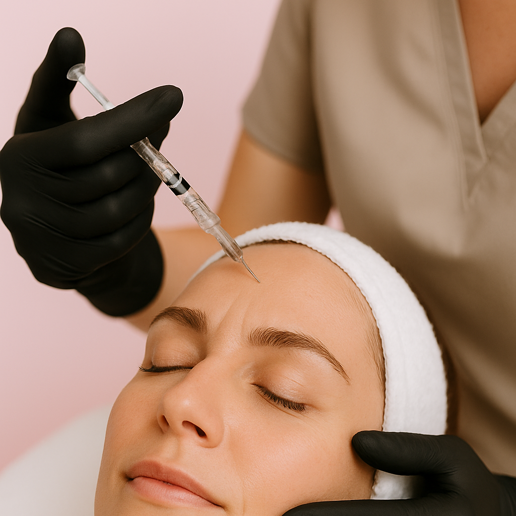 A woman receiving an injection in her forehead from a medical professional wearing black gloves, with her eyes closed and head resting on a white towel.