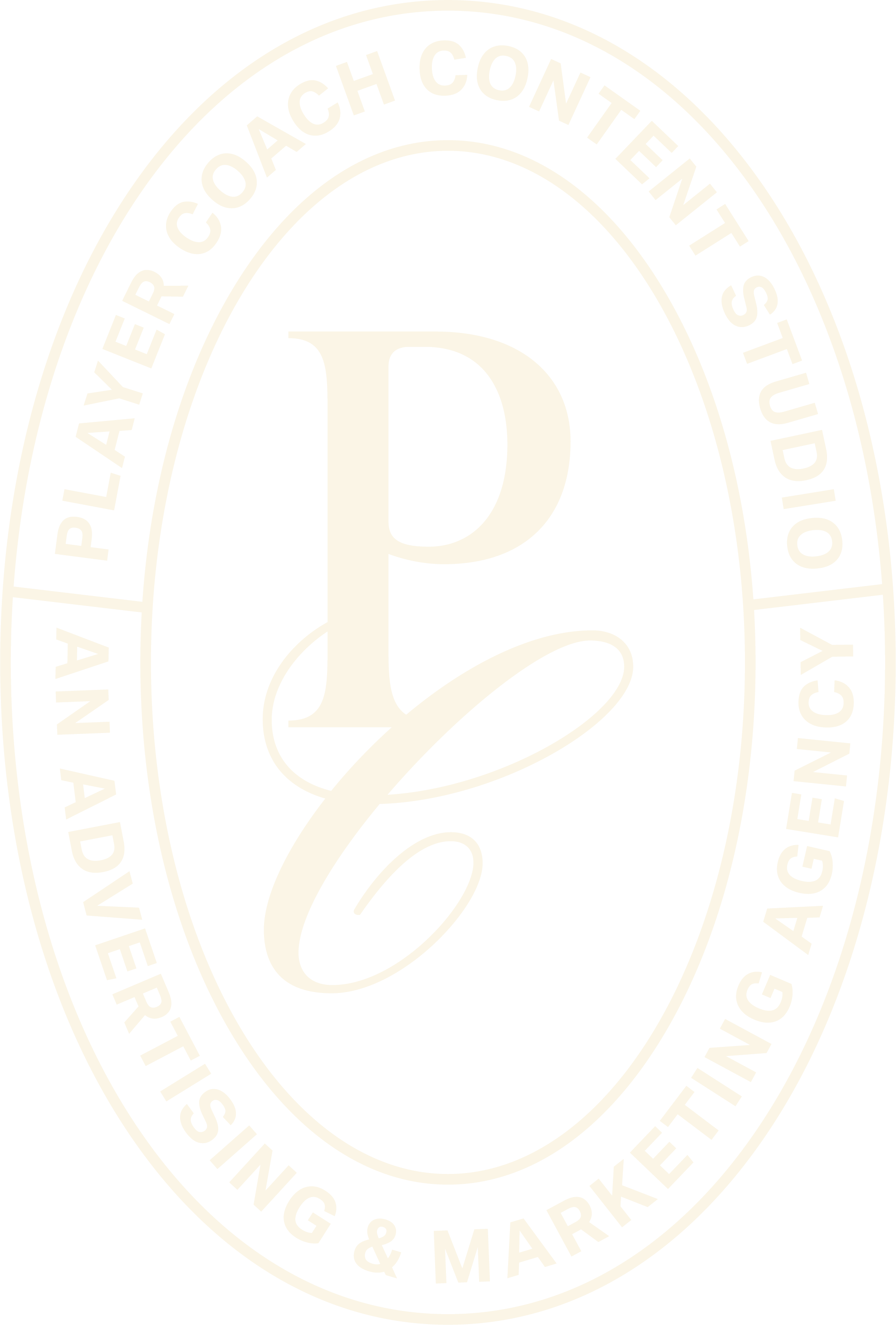 Black and cream logo with letter P and cursive G inside an oval. Outer text reads "Playyer Coach Content Studio An Advertising & Marketing Agency."
