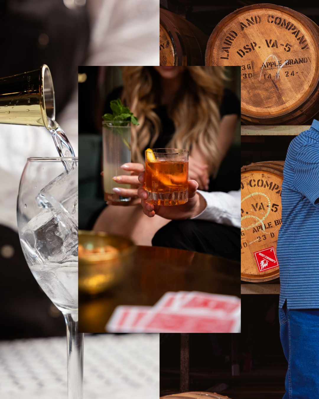 A collage of two women holding drinks, one with a mojito and the other with an old-fashioned cocktail, alongside wine glasses and barrels in the background.