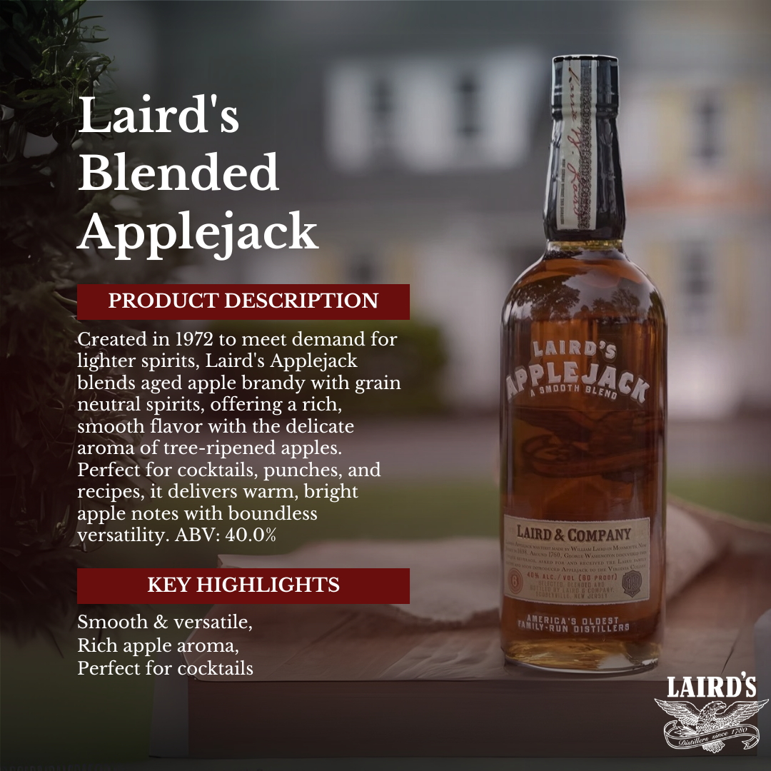 Product label for Laird's Blended Applejack with descriptive text about the spirit, including a picture of a brown applejack bottle with a black cap, and a logo at the bottom featuring wings and an eagle.