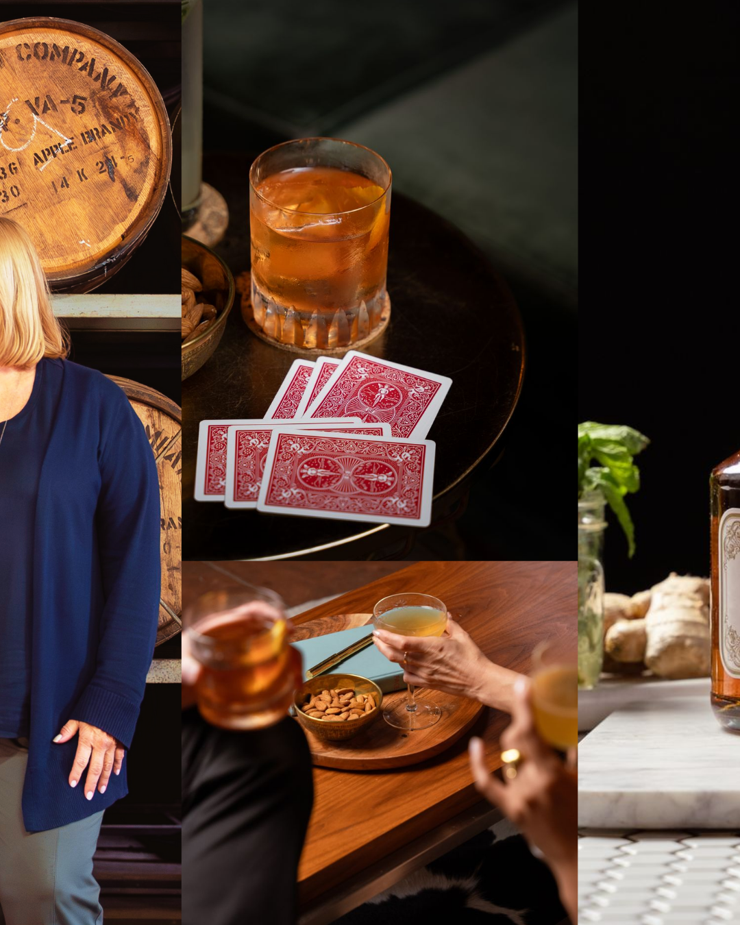A glass of whiskey on the rocks, a deck of playing cards on a dark wooden table, and a woman holding a drink in a cocktail glass with almonds and a gold spoon on a wooden tray.