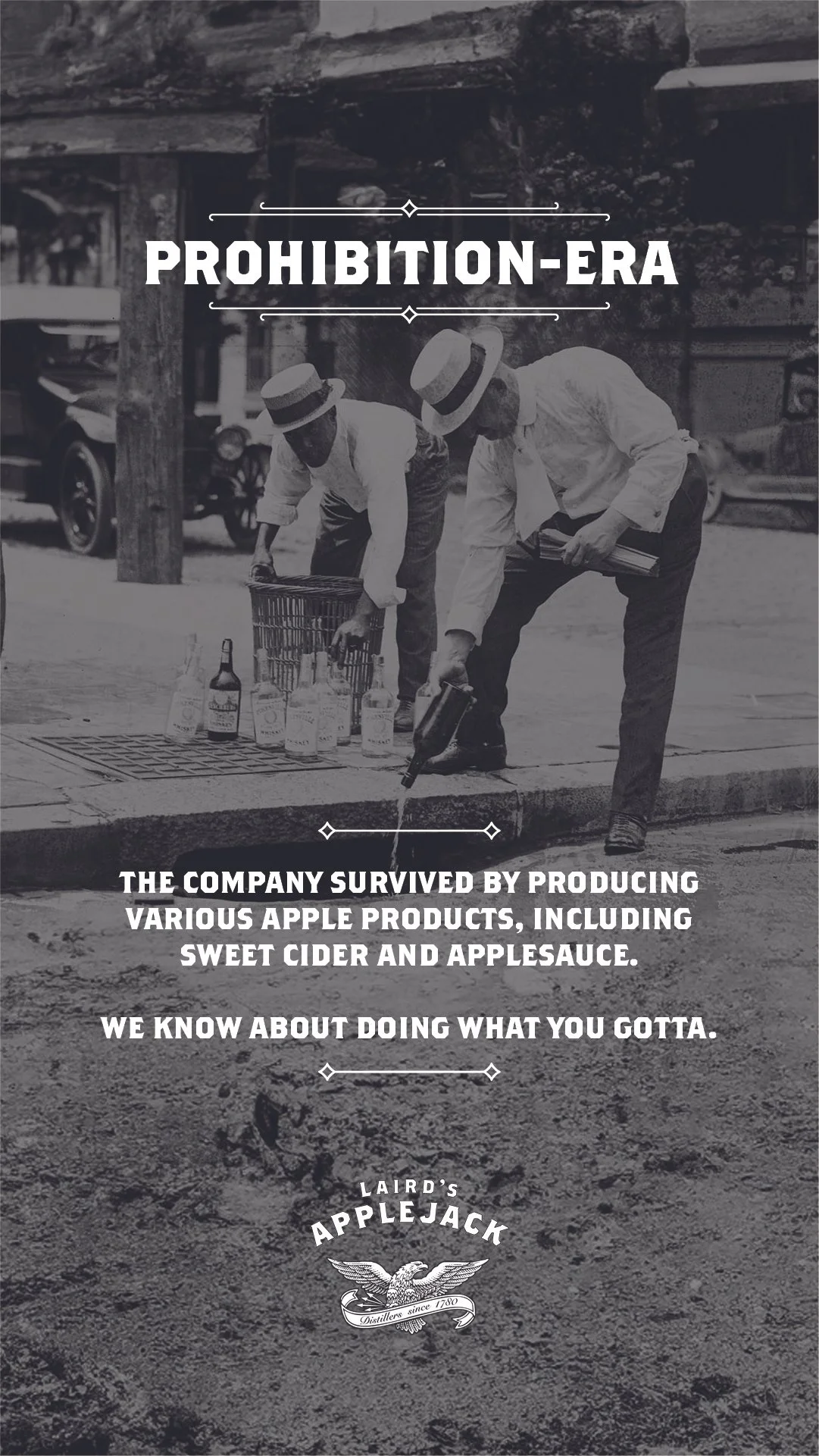 Black and white historical photo of two men in vintage clothing and hats, collecting bottles of alcohol from a street, with a vintage car in the background. Text overlay about a company making apple products, cider, and applesauce.