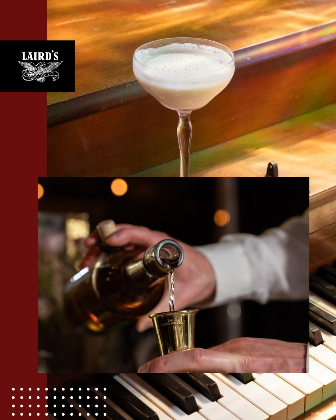 A cocktail drink in a coupe glass on a wooden bar, a bartender pouring liquor into a shot glass, and a piano keyboard in the background.