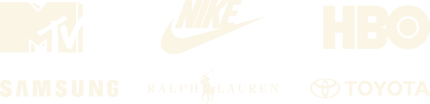 A collage of logos from various brands including MTV, Nike, HBO, Samsung, Ralph Lauren, and Toyota.