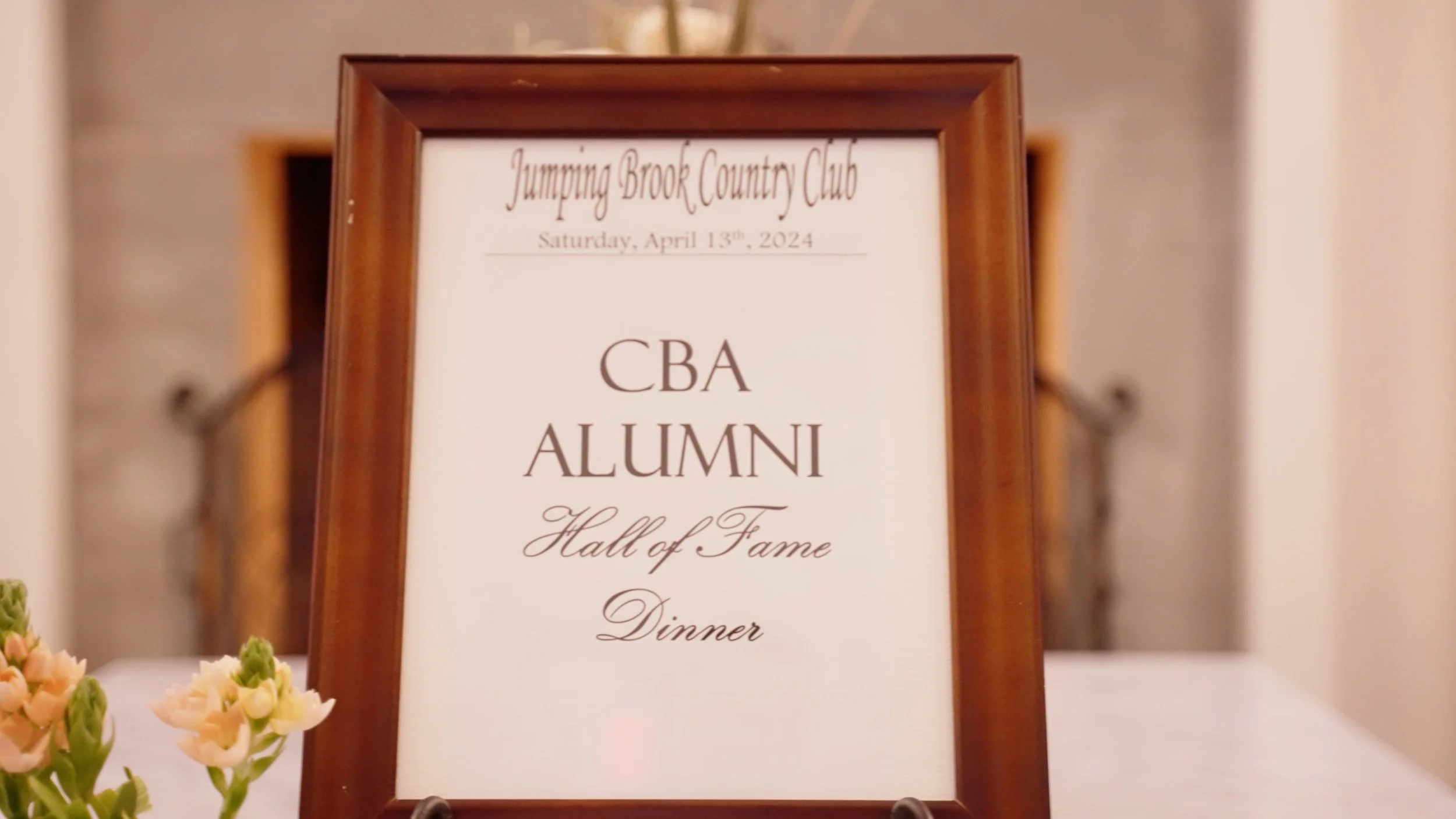 Event sign for Jumping Brook Country Club, Saturday, April 13th, 2024, CBA Alumni Hall of Fame Dinner.