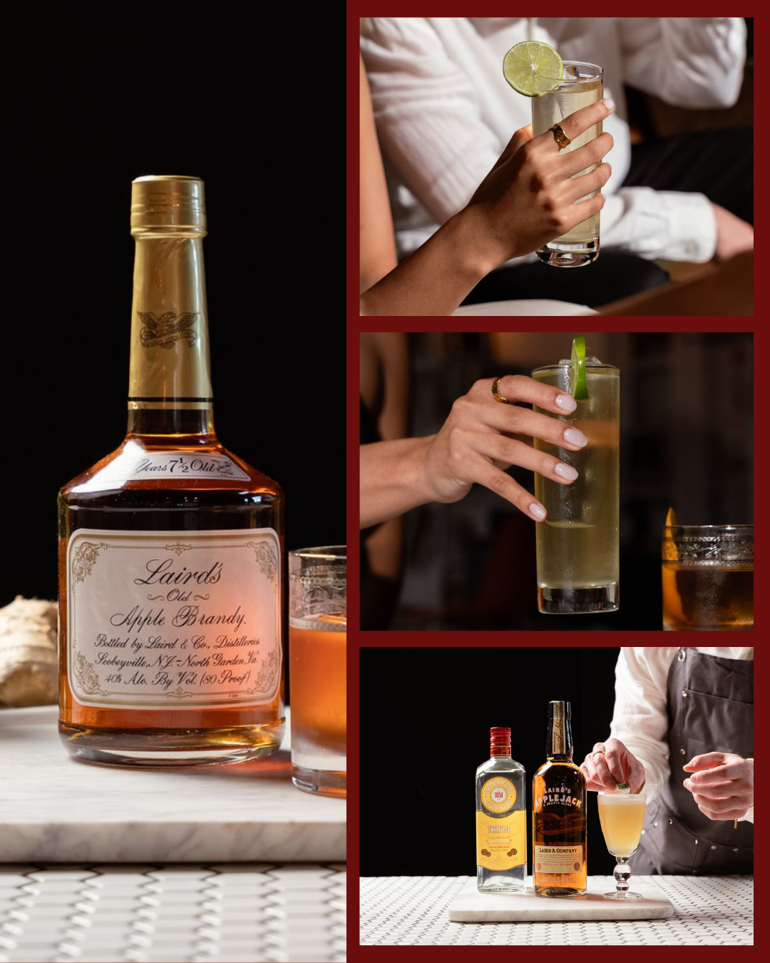 A collage of four photos featuring bottles of liquor and people holding cocktails. The largest image shows a bottle of Laird's Old Apple Brandy with a glass of the beverage in front. The other images display people holding cocktails garnished with li