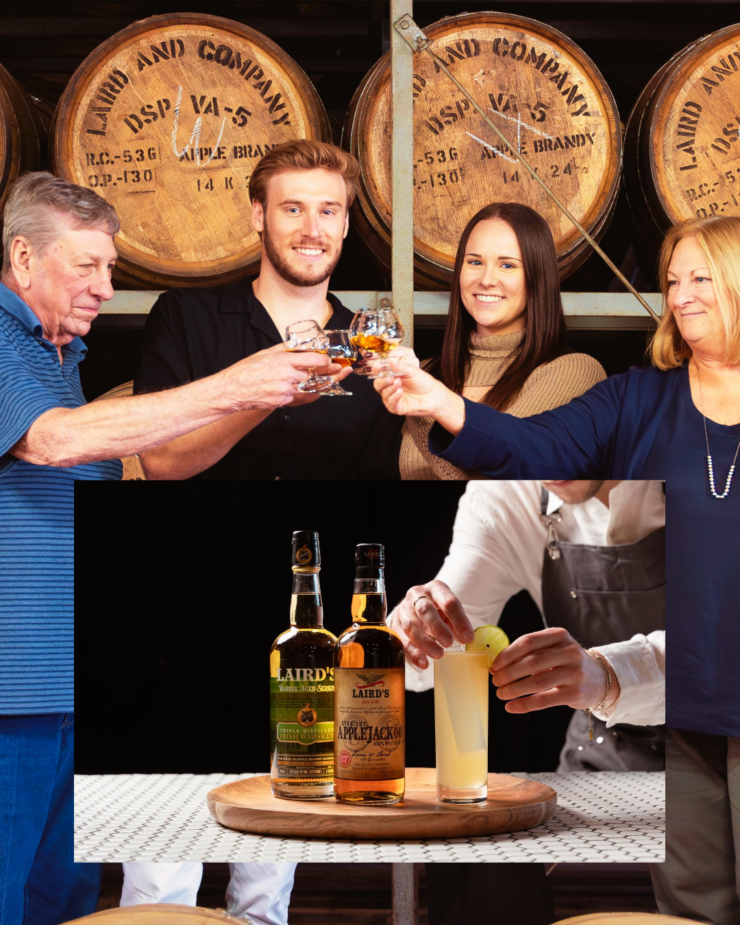 Two scenes with people enjoying drinks. In the first scene, four people toast with glasses of whiskey or brandy in front of barrels at a distillery. In the second scene, a bartender pours a cocktail with whiskey bottles labeled Laird's on a tray.
