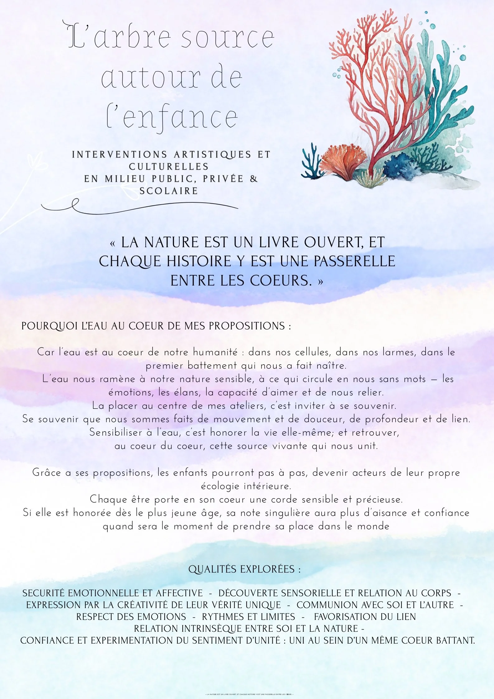 Page d'un document avec un fond pastel et une illustration de coraux colorés à droite. Texte en français discutant des interactions artistiques, culturelles, et de la nature.
