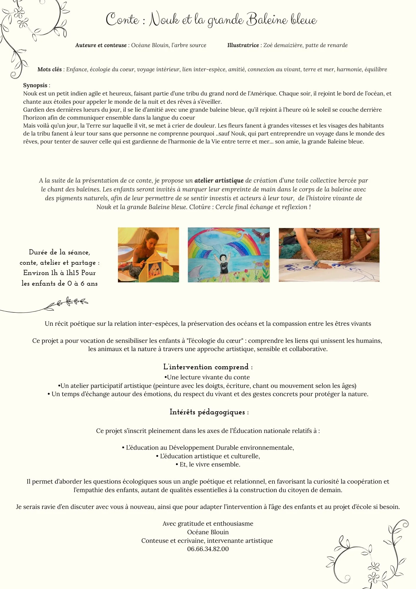 Page de document présentant un conte intitulé "Nouk et la grande Baleine bleue", avec des images au bas représentant des enfants, une baleine et un dessin d'un enfant sous un arc-en-ciel, et des éléments décoratifs en bordure.