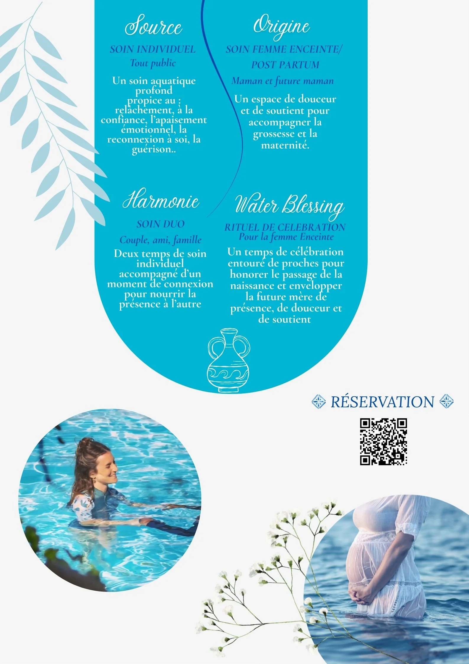 Affiche promotionnelle pour des soins de bien-être liés à la grossesse et à l'eau, avec des sections sur source, origine, harmonie, et bénédiction d'eau, comprenant des images de femmes enceintes et d'un bain d'eau.
