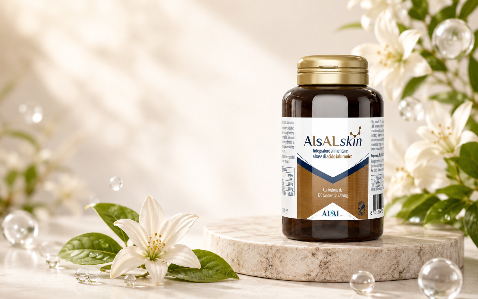 Bottle of AISal skin dietary supplement with white flowers and leaves around it on a beige marble slab.