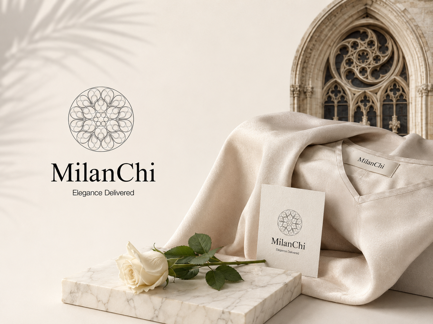 A promotional display for MilanChi, featuring a cream-colored satin garment with a MilanChi label, a white rose, a branded business card, and a marble slab, with filming of ornate architectural elements in the background.