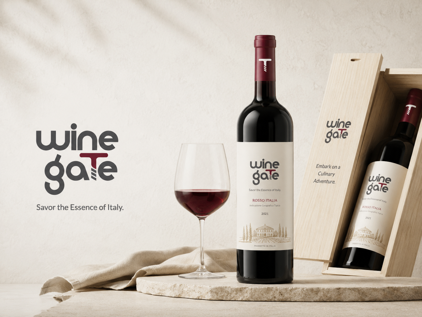 A bottle of red wine labeled 'Wine Gate Rosso Italia 2021', a filled wine glass, and a wooden box with another bottle of the same wine, all placed on a light-colored surface with a beige cloth, against a neutral background. The branding 'Wine Gate' and the text 'Savor the Essence of Italy' and 'Embark on a Culinary Adventure' are visible.