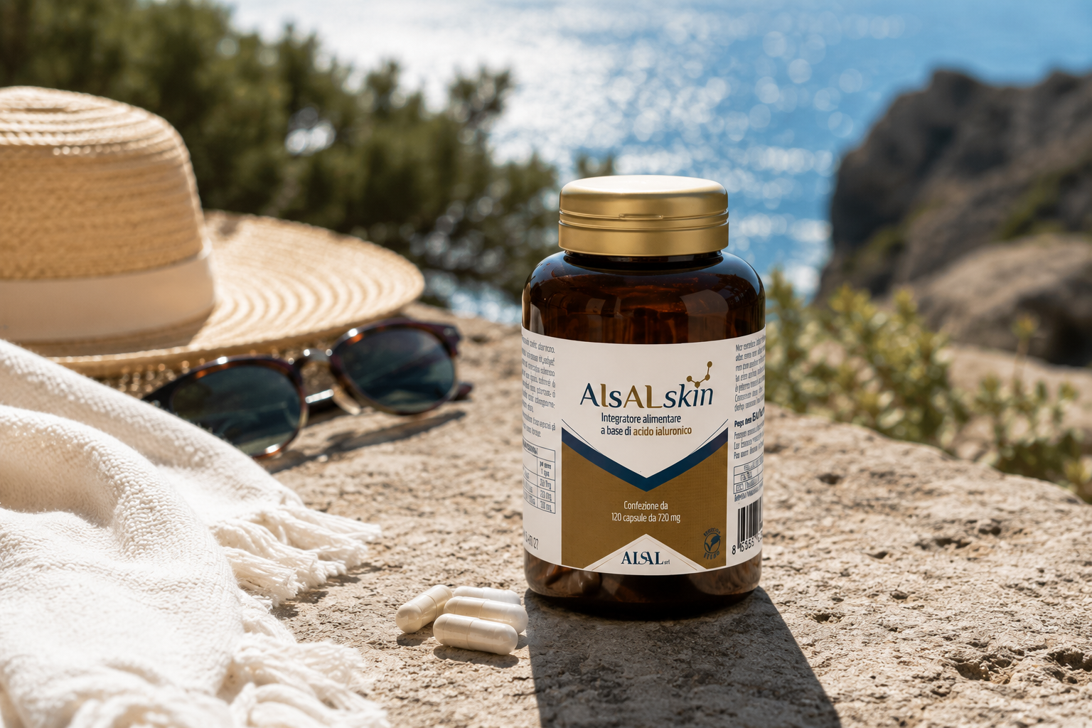 Bottle of dietary supplement with label reading ALSALskin, placed on rocky surface outdoors near sun hat, sunglasses, and cream-colored towel, with ocean and rocky coastline in background.