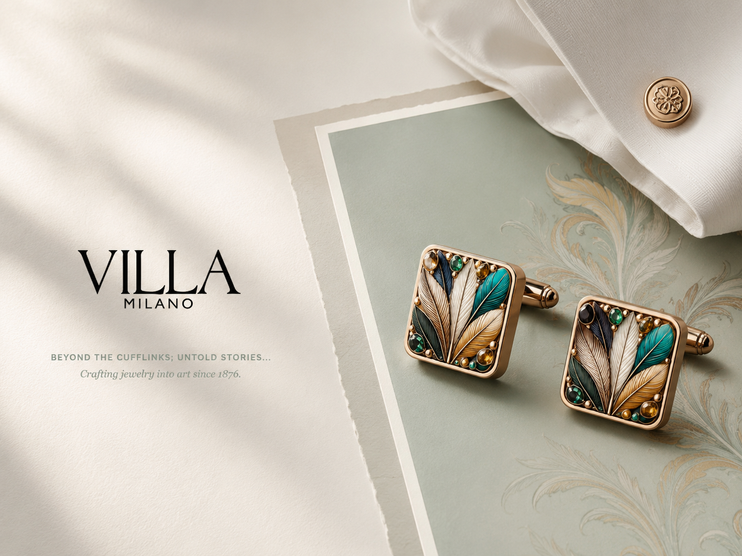 A pair of square cufflinks decorated with feather designs in gold, teal, black, and cream colors, placed on a patterned surface next to a piece of paper and a folded white fabric with a gold button, with text "Villa Milano" and "Beyond the Cufflinks: Untold Stories... Crafting jewelry into art since 1876."