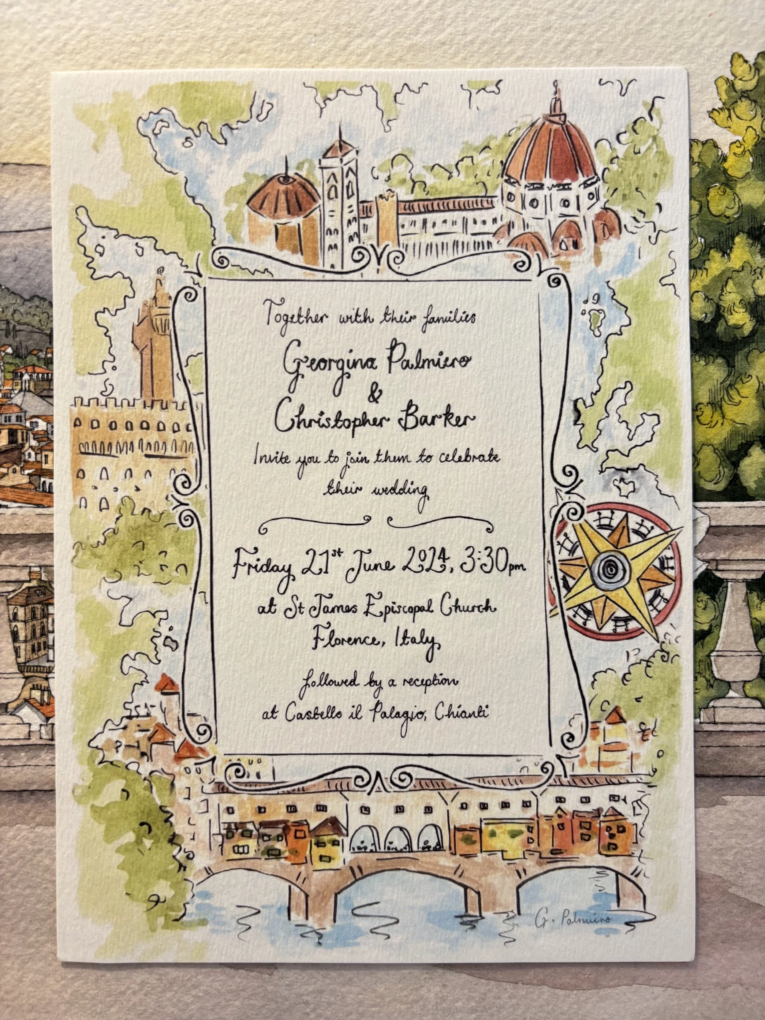 Hand-drawn wedding invitation with illustrations of Florence, Italy landmarks including Ponte Vecchio bridge, Duomo, and cityscape, and a compass with colorful details.
