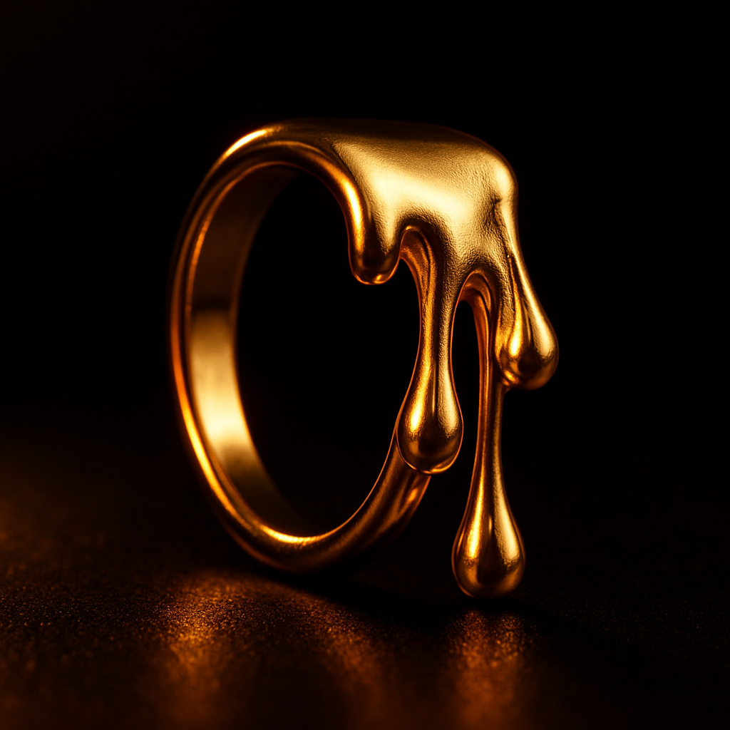 Gold ring with melting or dripping design on a black background.