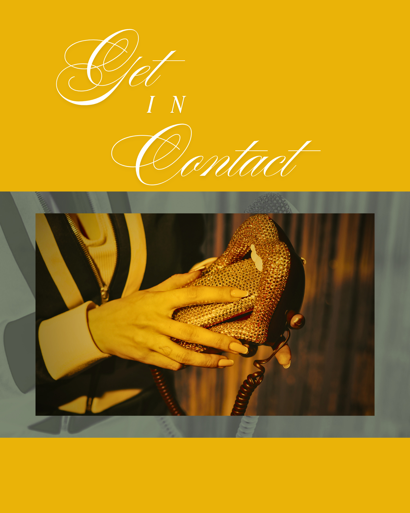 A person holding a gold, shiny, sequined telephone.