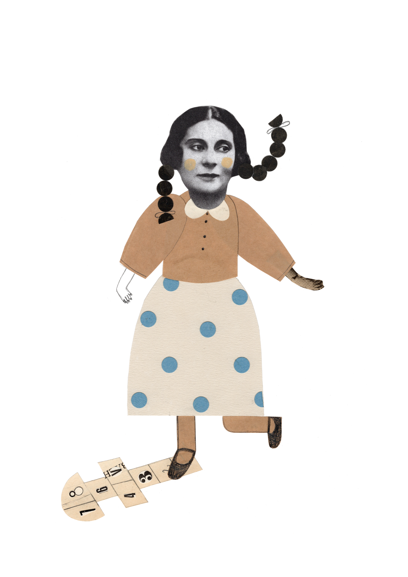 ilustrație realizată în tehnica colajului cu o fetiță care sare șotronul