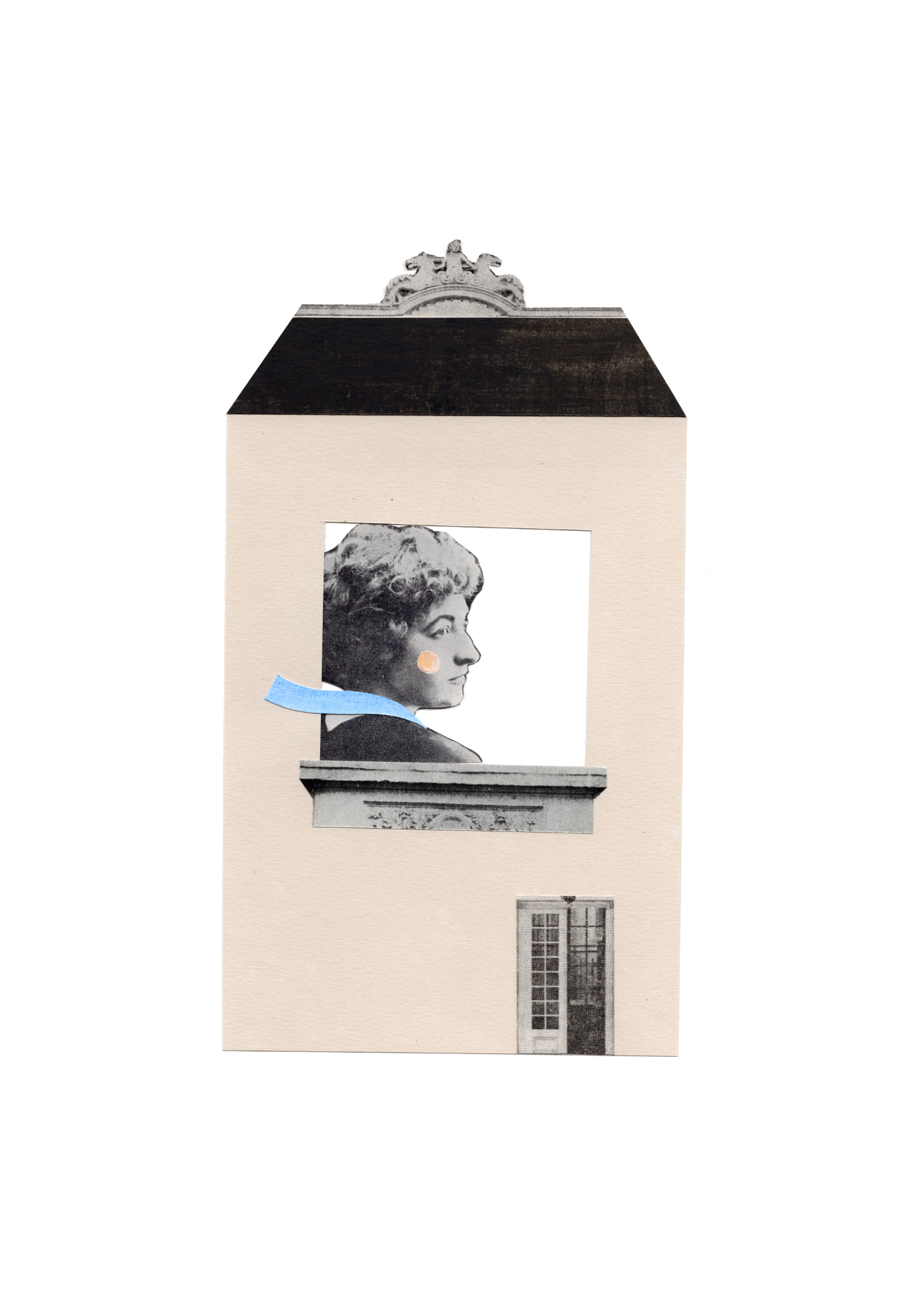 Collage artwork featuring a house with a large window displaying a vintage photo of a woman in profile, with a blue ribbon around her neck and an orange dot on her cheek, set against a plain white background.