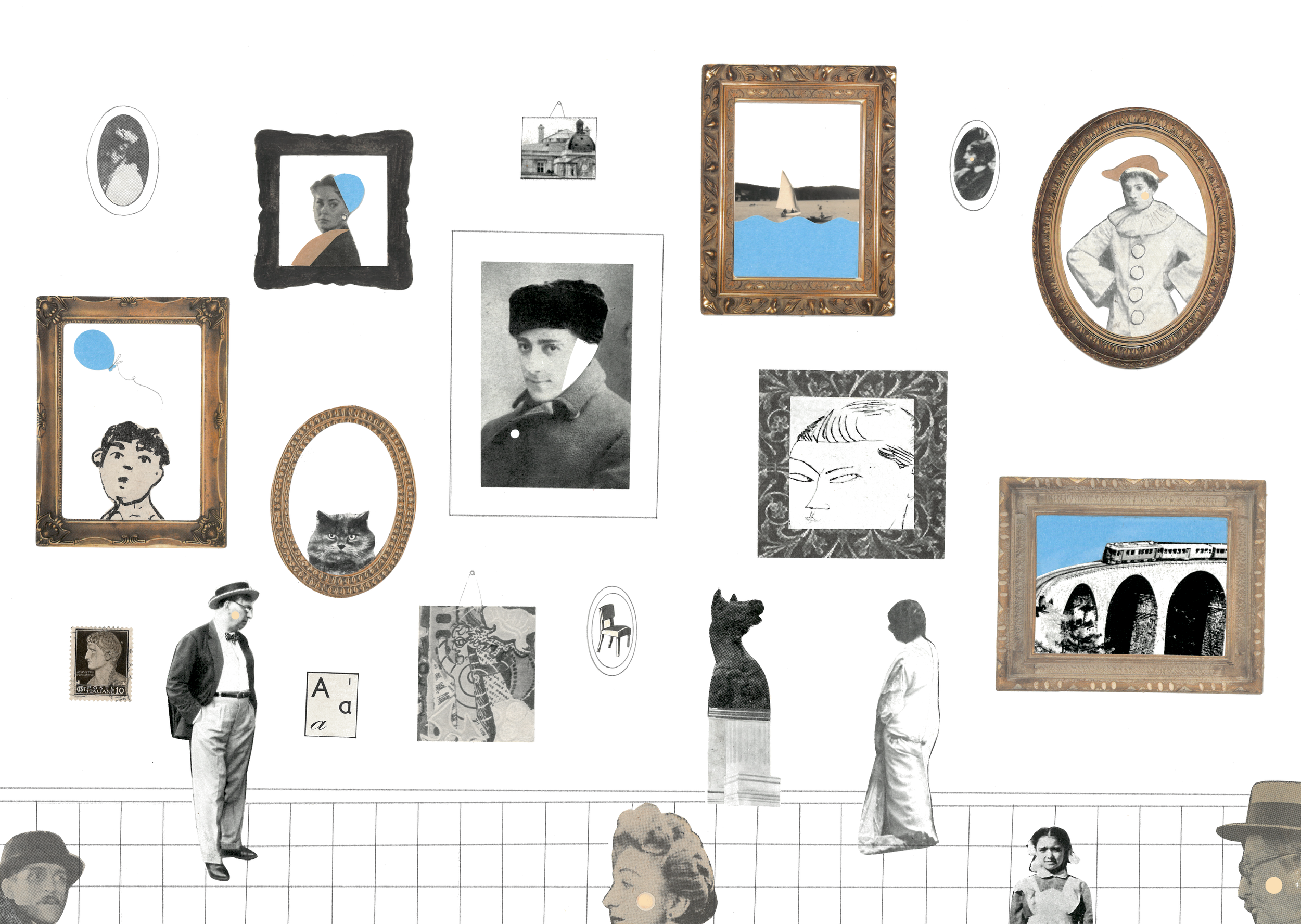 ilustrația unei săli de muzeu cu tablouri și personaje