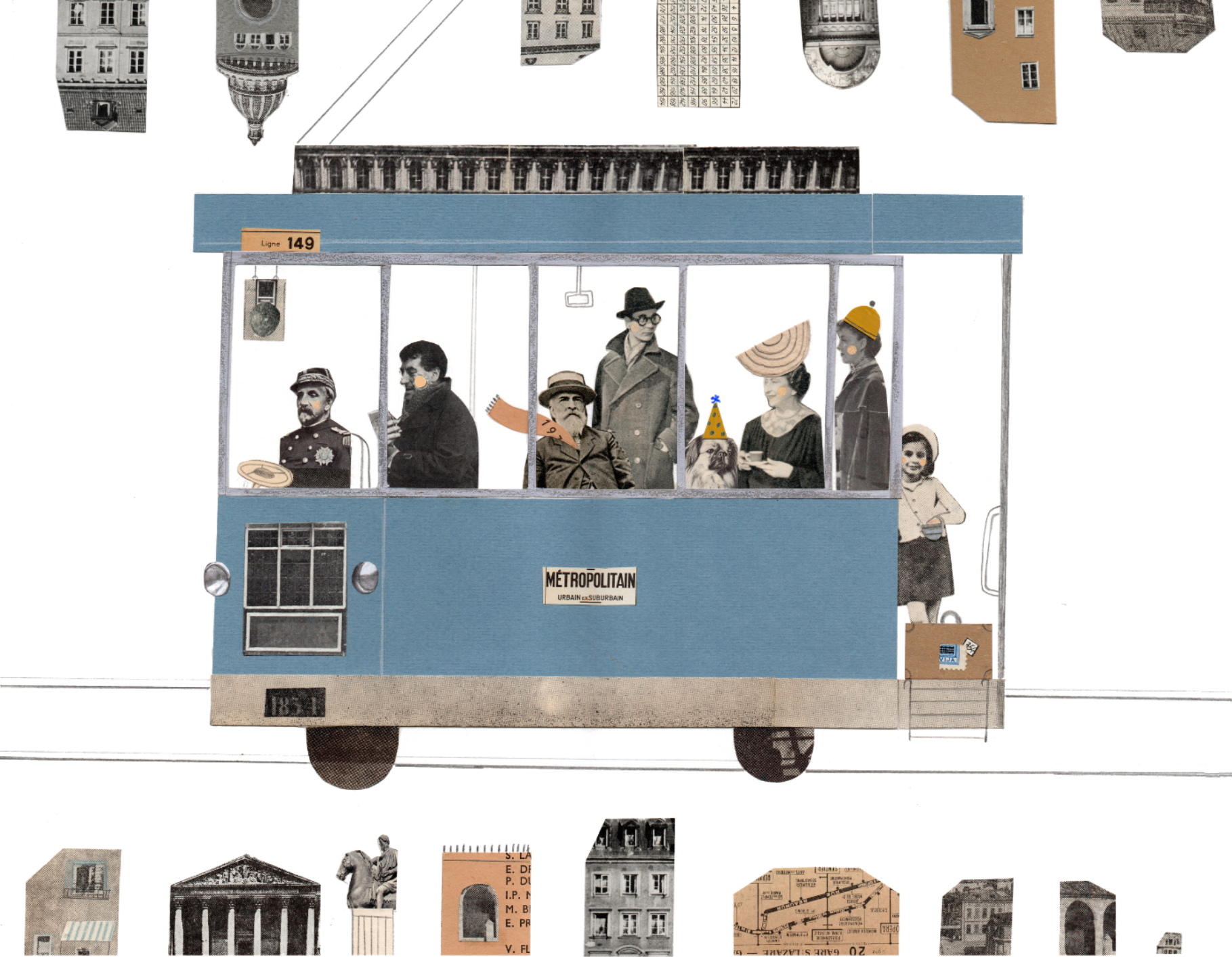 ilustrație cu un tramvai în care călătoresc diferite personaje