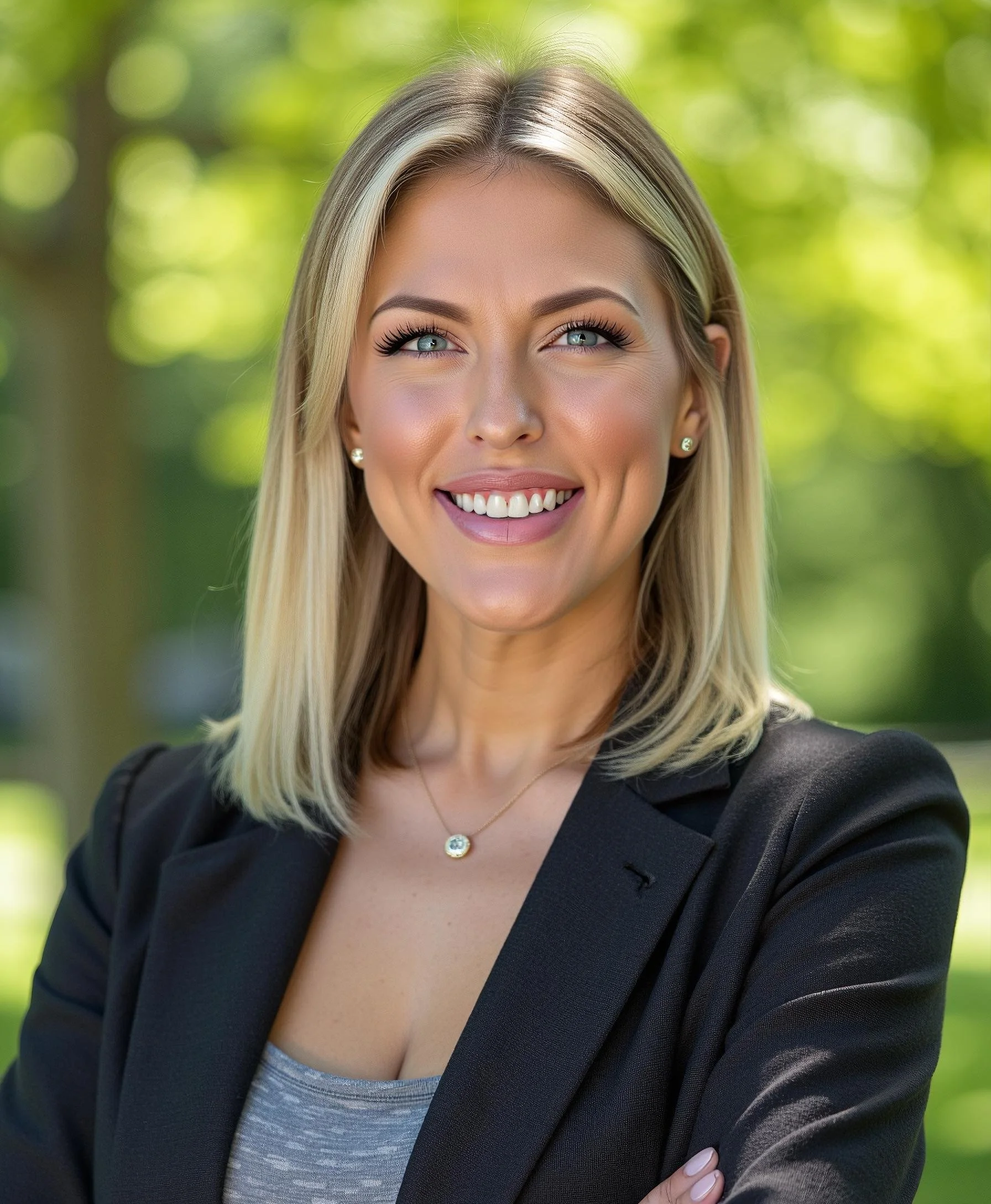 A woman with blonde hair, blue eyes, and a bright smile, wearing a black blazer and a silver necklace, outdoors with a blurred green background.