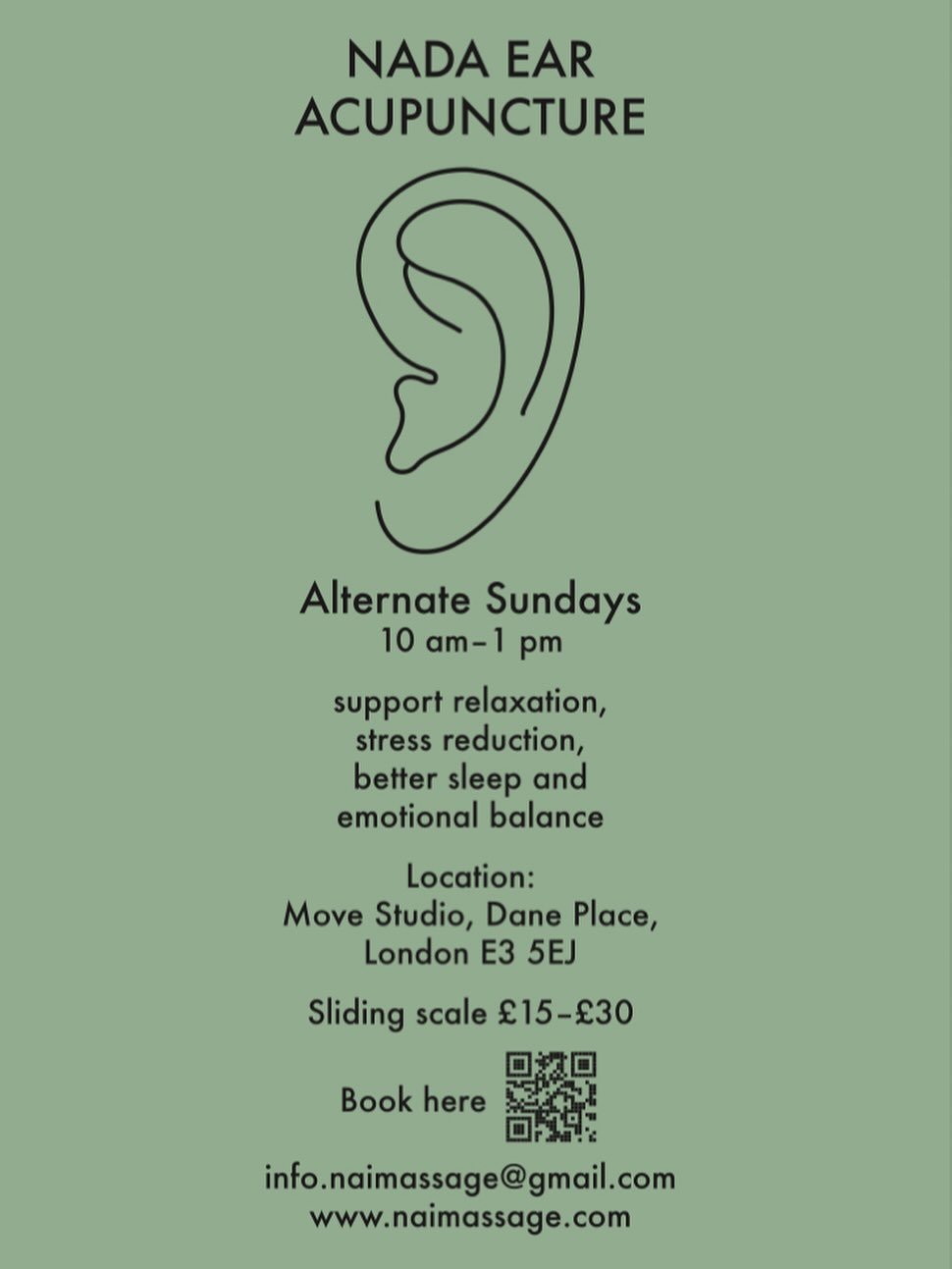 NADA (National Acupuncture Detoxification Association) ear acupuncture.

This non-invasive auricular acupuncture method involves the placement of small needles in specific points on each ear while you sit comfortably and relax for approximately 30 mi