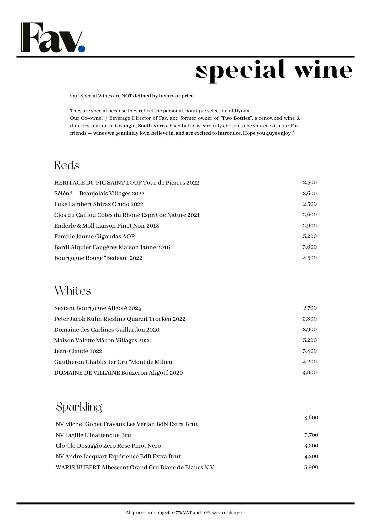 Wine and sparkling wine menu with categories for Reds, Whites, and Sparkling, featuring various wine names and prices.