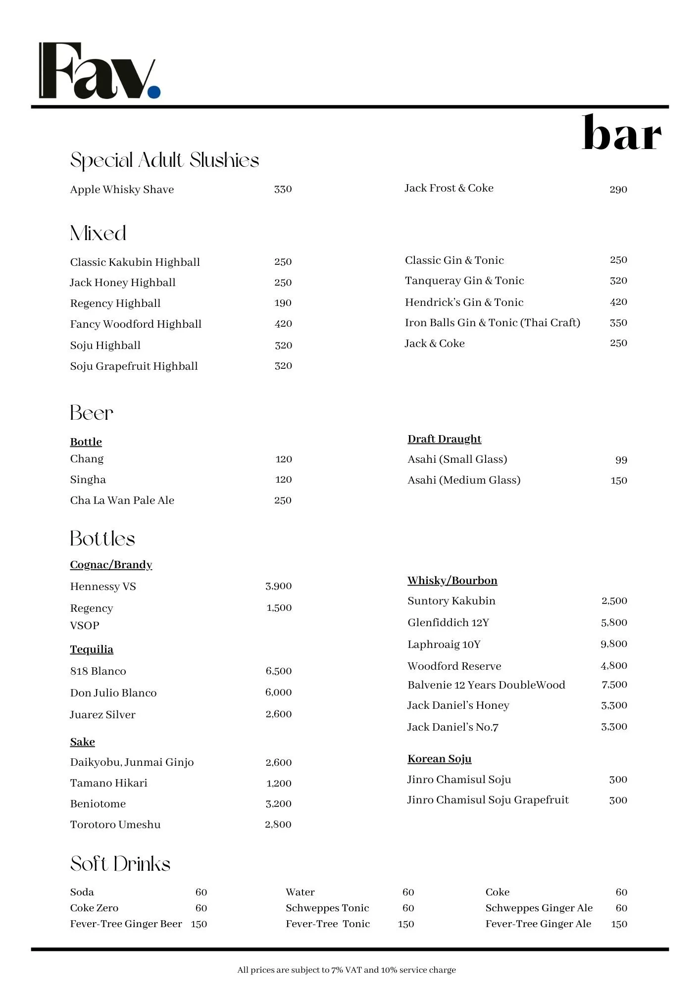 Menu for a bar, listing various special adult slushies, mixed drinks, beer, bottled beverages, draft draughts, bottles, whiskey/bourbon, Korean soju, sake, and soft drinks with prices.