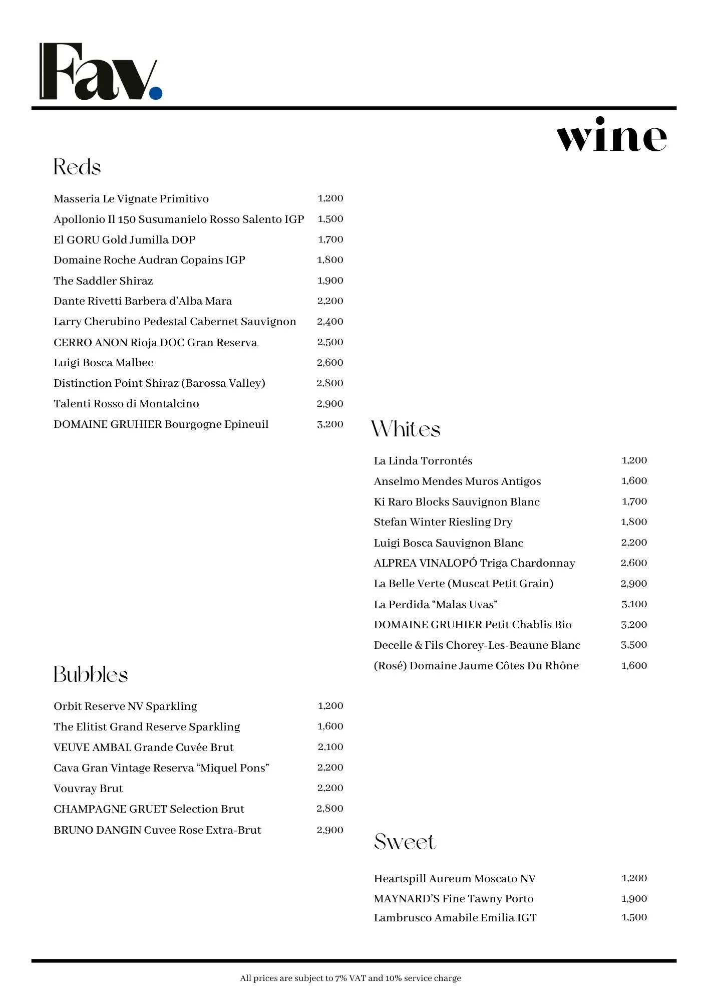 Wine menu with categories for Reds, Whites, Bubbles, and Sweet wines, listing various wine names and prices in USD.