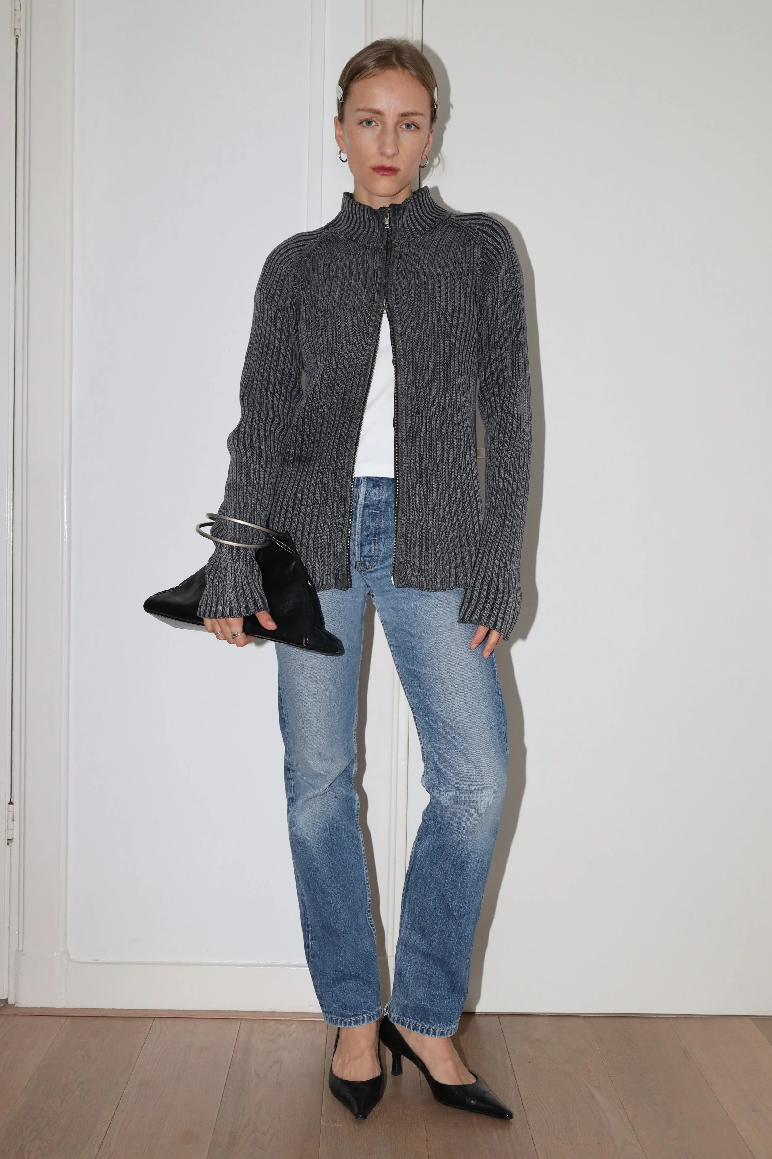 ZIP UP MOCK NECK SWEATER