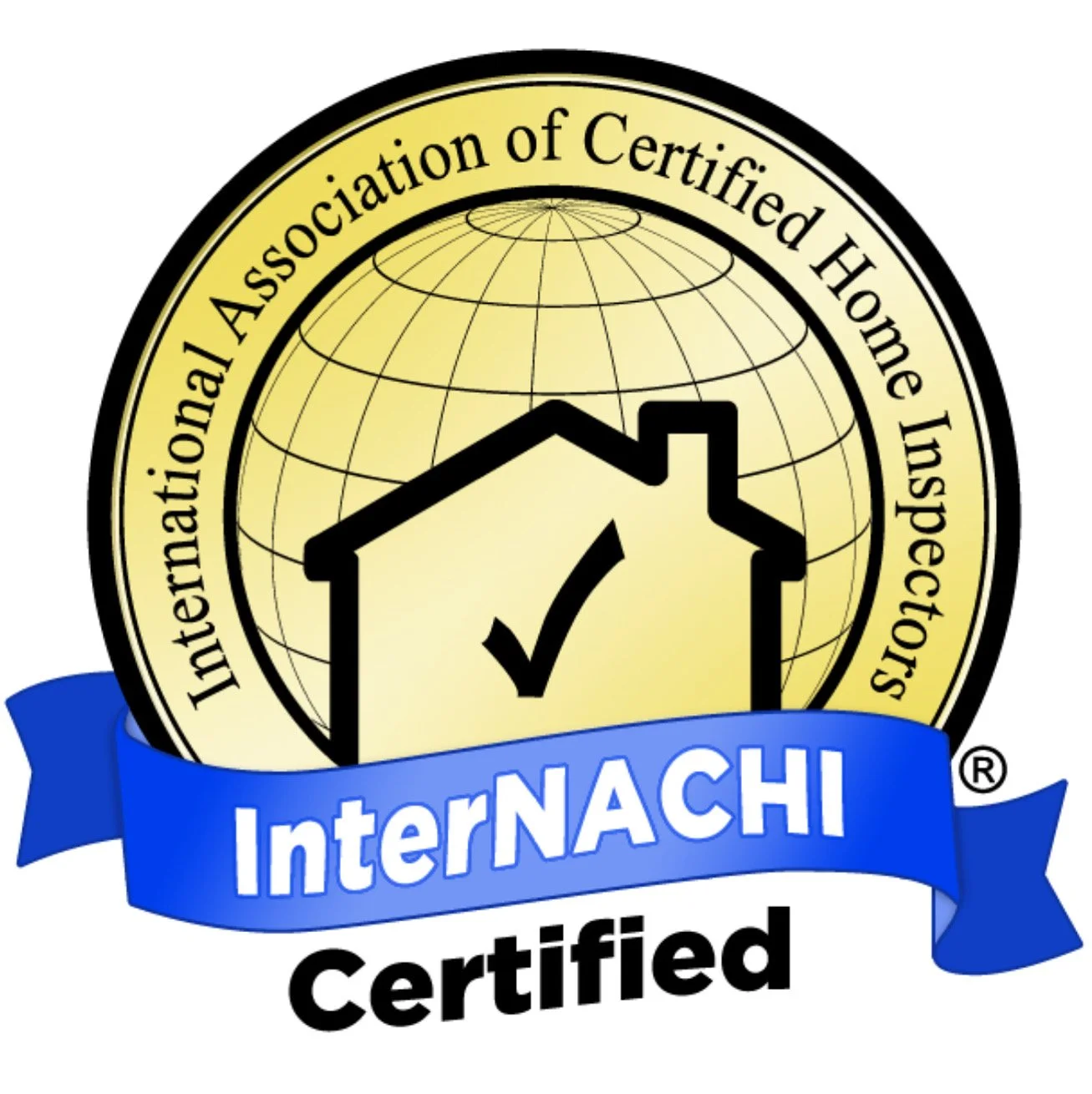 Logo of the International Association of Certified Home Inspectors with a house icon featuring a check mark, a globe in the background, and a blue ribbon reading 'InterNACHI Certified'.
