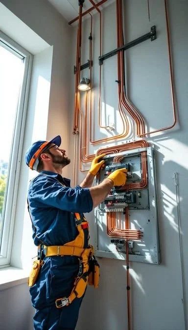 Electrician working on electrical panel with copper wiring on a wall inside a building near a window.