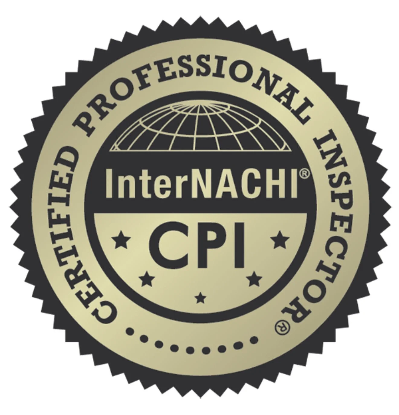 Certification seal for InterNACHI, featuring a globe and stars, indicating international certification for professional inspectors, with text 'Certified Professional Inspector' and 'CPI'
