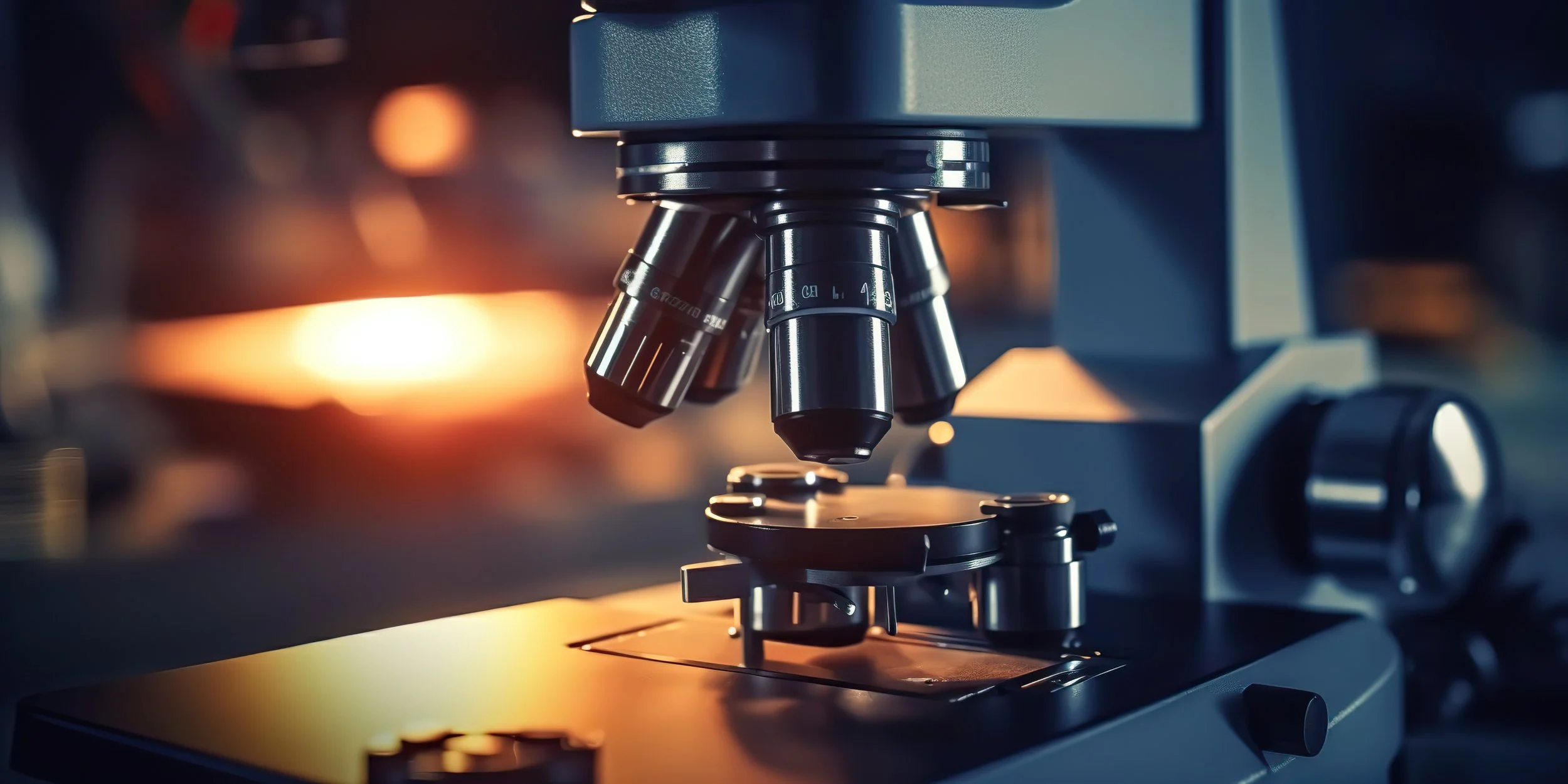 Close-up of a modern microscope in a laboratory setting with warm lighting.